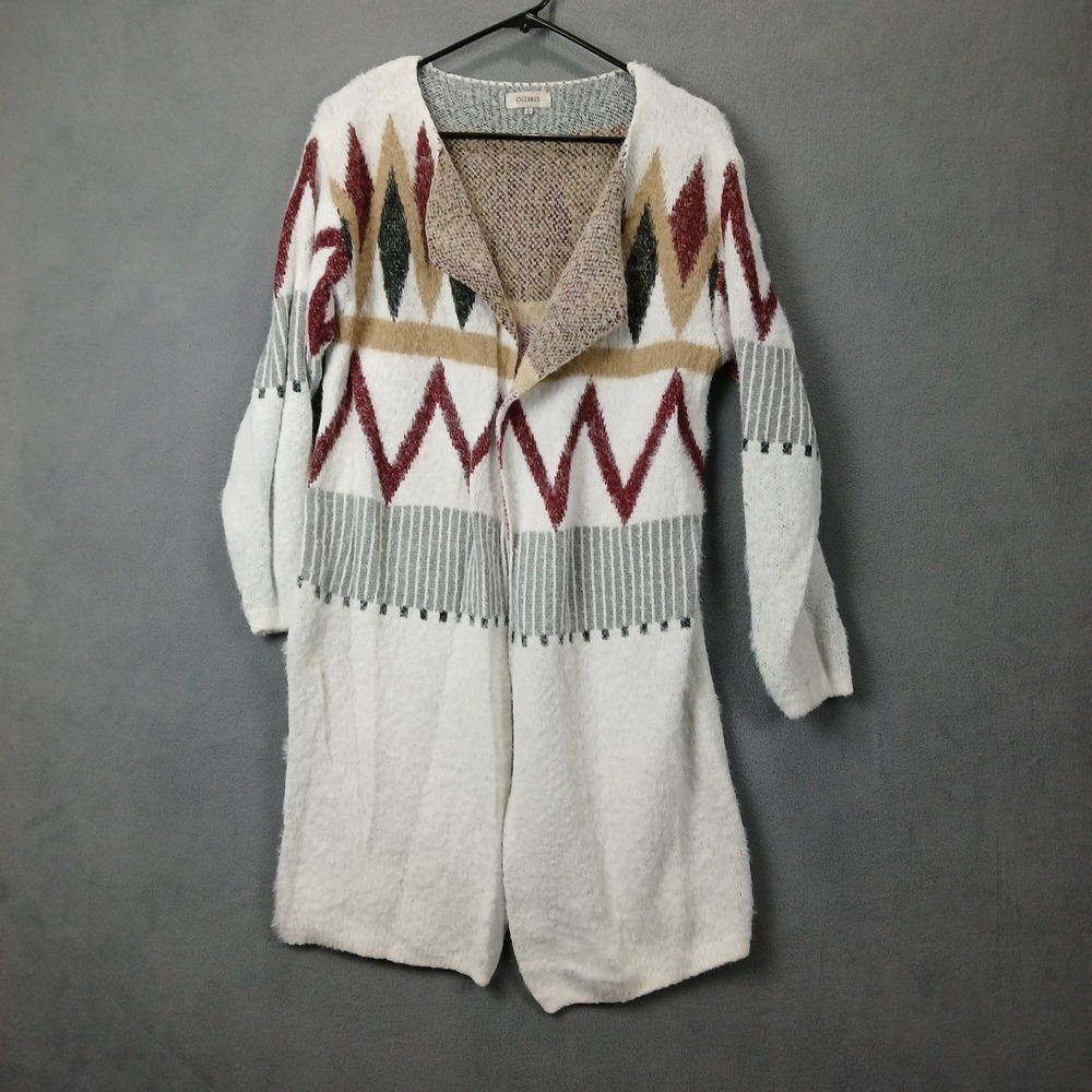 Oceanus Cardigan Sweater Womens Large White Fuzzy Eyelash Tribal Long‎ Outdoor